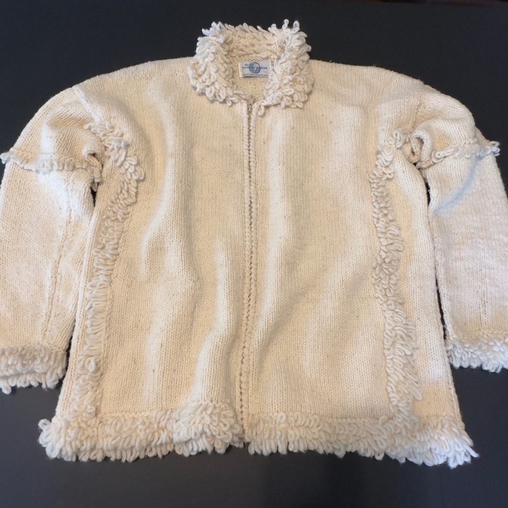 The Sweater Venture Hand Knit Wool Zip Cardigan Cream Ecuador XL Vintage